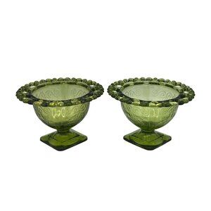 Vintage Green Glass Dessert Bowls Set Of 2 With Decorative Rim  Floral Design